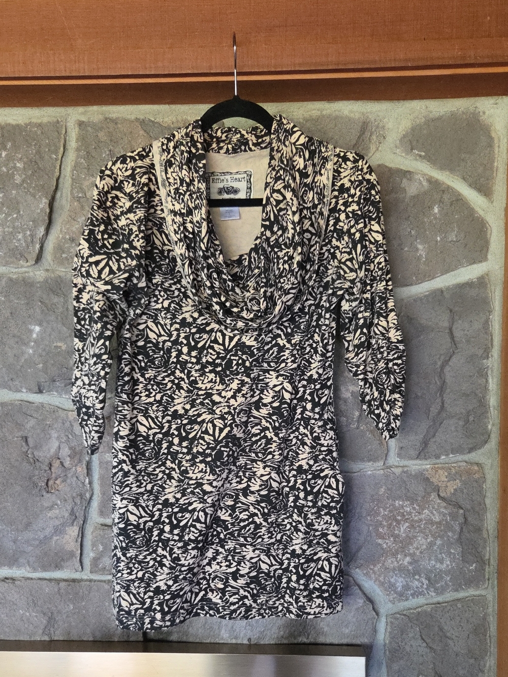 Effie's Heart Black and Cream Floral Cowl-Neck Long Sleeve Dress